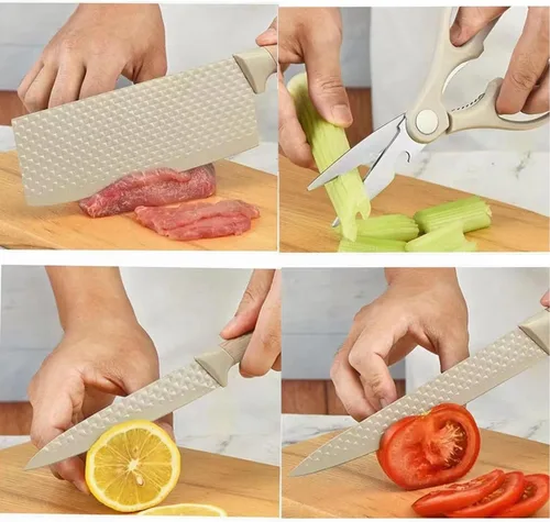 Vista 6 de Juego de cuchillos de cocina de acero inoxidable con revestimiento de madera de 6 piezas con bloque (beige) Wood Grain Handle,Non-Stick,Sharp