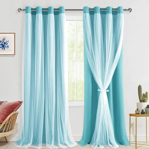 Vista 53 de Hiasan Cortinas opacas con superposición transparente, aislamiento térmico para mezclar y combinar de doble capa, cortinas de oscurecimiento de Beige