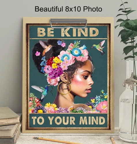 Vista 4 de Arte de pared de mujeres afroamericanas negras – Chica negra – Be Kind to Your Mind - Citas inspiradoras - Colibríes Salud mental Póster de arte