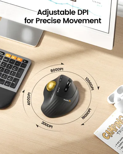 Vista 5 de ProtoArc EM01 NL - Ratón de Trackball inalámbrico, ergonómico Bluetooth Rollerball Pulgar, recargable, para computadora portátil, ángulo ajustable