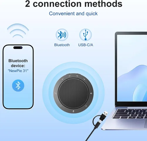 Vista 3 de Altavoz y micrófono de conferencia, micrófonos dual Al con captación de voz de 360° y sonido claro, tiempo de llamada de 10-14 horas, conexión