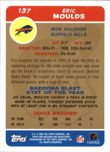 Vista 2 de 2004 Bazooka Gold #137 Eric Moulds NFL Football Trading Card