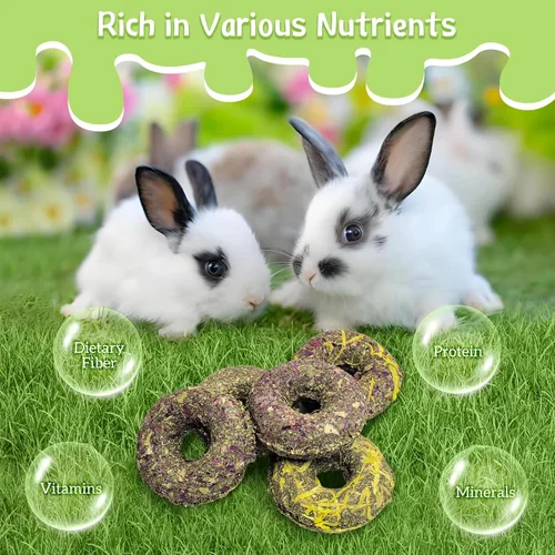 Vista 4 de Fhiny 10 juguetes masticables de conejo, golosinas de conejo con hierba natural y flores, pasteles de hierba molar para mascotas para conejillos