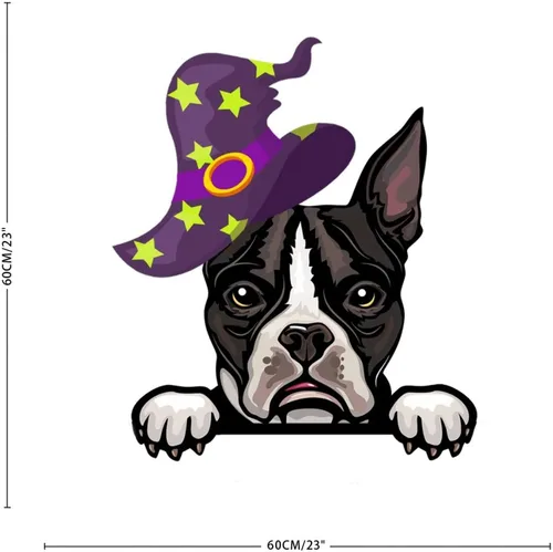 Vista 5 de Guangpat Calcomanías de Halloween de bruja Boston Terrier, calcomanías de pared de bienvenida de Halloween, arte de pared de perro Boston Terrier