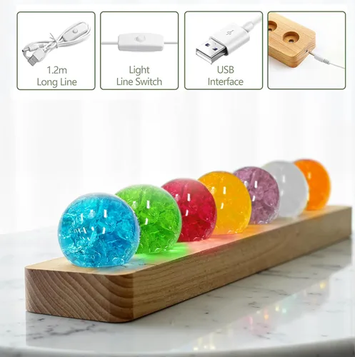 Vista 3 de L LOHAS LED 7 Colores 40mm Bolas de Cristal de Hielo Con Crac Bolas de Chakra de Cristal con Base de Madera LED Bolas de Esfera de Sanación
