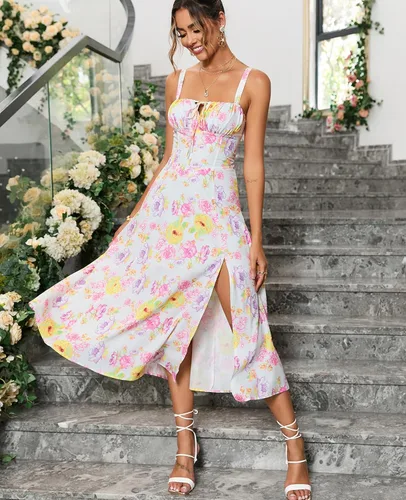 Vista 2 de Vestido midi floral con corsé, bohemio, con abertura fluida, con cordones, para mujer, para salir, acampanado, vestido casual