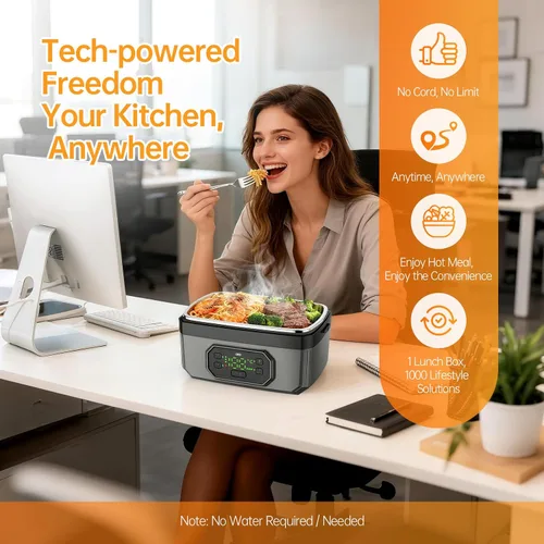 Vista 2 de Modelo Actualizado 2025: Lonchera Eléctrica Recargable Inalámbrica de 21000mAh para Adultos, Calentador de Alimentos de 1.2L con Temporizador y a