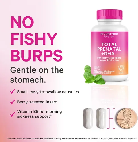 Vista 3 de Pink Stork Vitaminas prenatales totales para mujeres DHA vegano, metilfolato, hierro, colina, vitamina B12 Nutrición preconceptiva Sin eructos