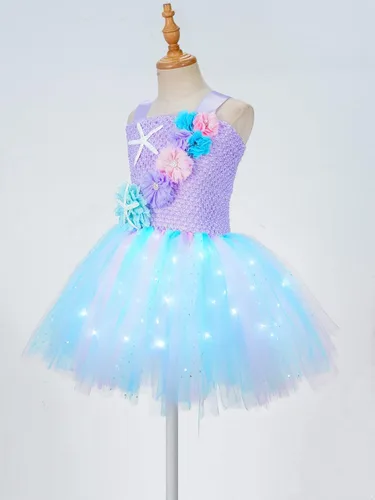 Vista 4 de MSemis Disfraz de sirena para niñas pequeñas, tutú con luz LED, vestido de baile de princesaHalloween