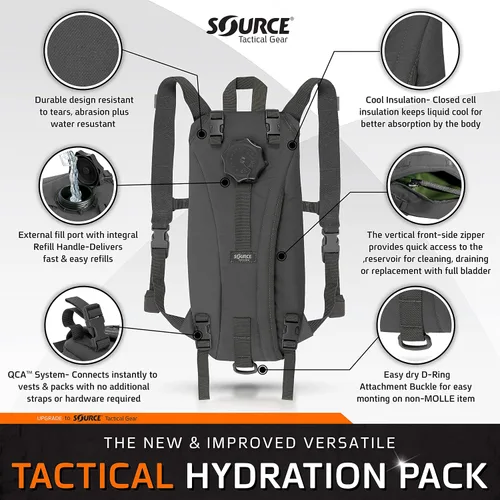 Vista 2 de Source Paquete de hidratación táctica – Vejiga de agua WXP Widepac de 3L con puerto de llenado externo – Válvula de bebida de alto flujo – Doble