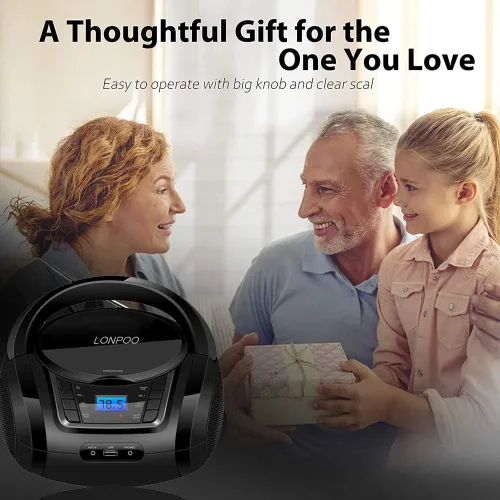Vista 8 de LONPOO Reproductor de CD portátil Boombox con radio FM/USB/Bluetooth/entrada AUX y salida de jack de auriculares, altavoz de sonido estéreo y Negro