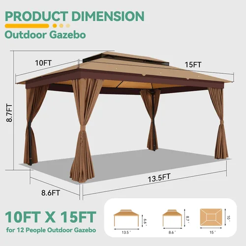 Vista 2 de COBIZI 10x15 Outdoor Patio Gazebo with Privacy Curtains, Khaki Caqui