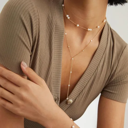 Vista 3 de KissYan Collar Lariat de oro para mujer, delicado chapado en oro de 14 quilates en forma de Y, cadena cubana en capas largas con colgante de gota