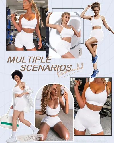 Vista 5 de HORISUN Women Workout Sets 2 Piece Yoga Outfits Seamless Ribbed Sports Bra Crop Tank Top High Waist Biker Shorts Exercise Set
