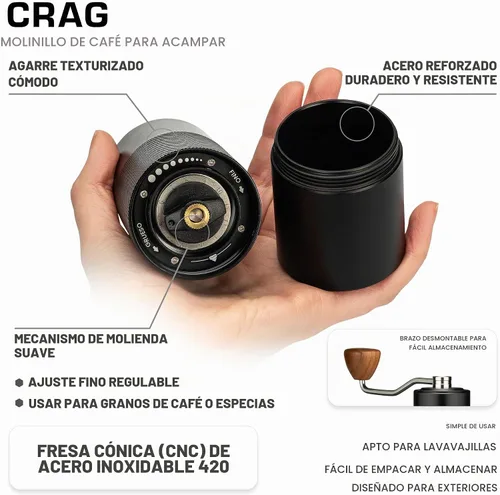 Vista 2 de COLETTI Molinillo de café manual Crag – Molinillo de café manual – Molinillo de mano de precisión de fresas CNC, resistente para viajes, camping
