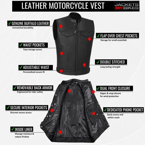 Vista 7 de SOA - Chaleco de motocicleta para hombre, piel de búfalo de alta calidad, armadura trasera, bolsillos interiores, chalecos de club de motociclista