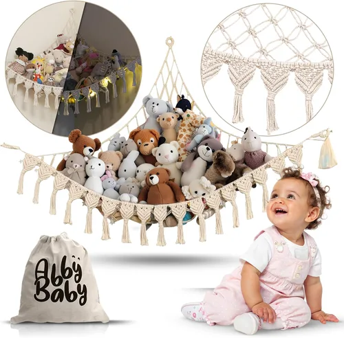Vista 4 de ABBY BABY Hamaca de almacenamiento para animales de peluche extra grande con luces LED en la esquina – Red colgante para juguetes con capacidad