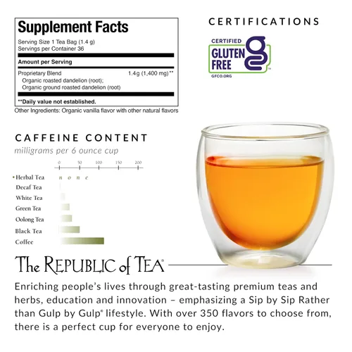 Vista 5 de Tés herbales Suberherb The Republic of Tea, SYNCHKG052690, 1, 1 Sin cafeína. Adecuado para beber de día o de noche. Asado con notas de vainilla