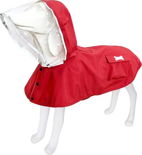 Vista 10 de Impermeable para perro con poncho con capucha, chaqueta de lluvia amarilla ajustable de alto reflejo, con agujero para correa para perros pequeños