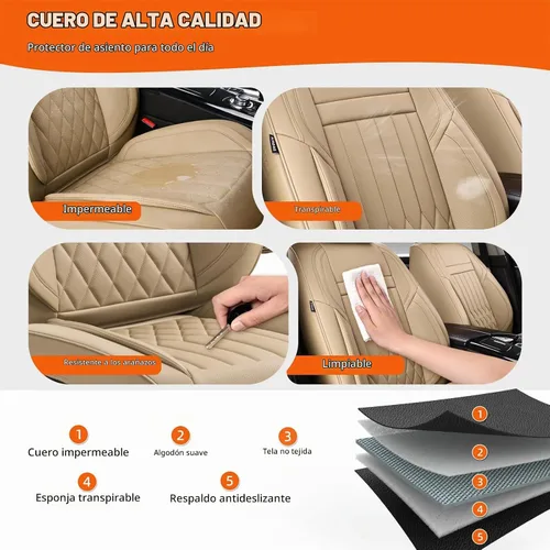 Vista 5 de Juego completo de fundas de asiento de automóvil de cuero napa impermeables y transpirables de 2 plazas, aptas para asientos delanteros de beige
