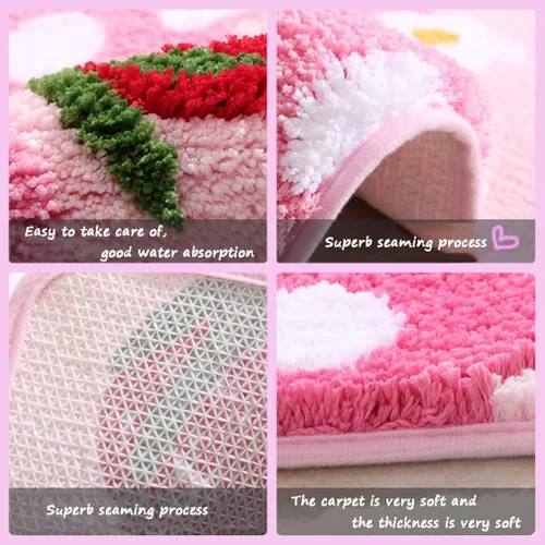 Vista 5 de Tapete de baño suave y acogedor con diseño de fresa, antideslizante, lavable, tapete lanudo para dormitorio, tapete absorbente de flores, tapete