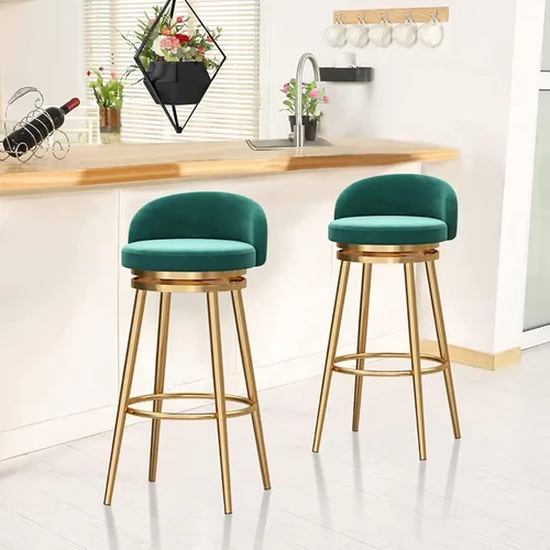 Vista 8 de Juego de 3 taburetes de bar modernos de terciopelo con respaldo y reposapiés, taburetes de bar giratorios de 360°, taburetes de bar sin brazos