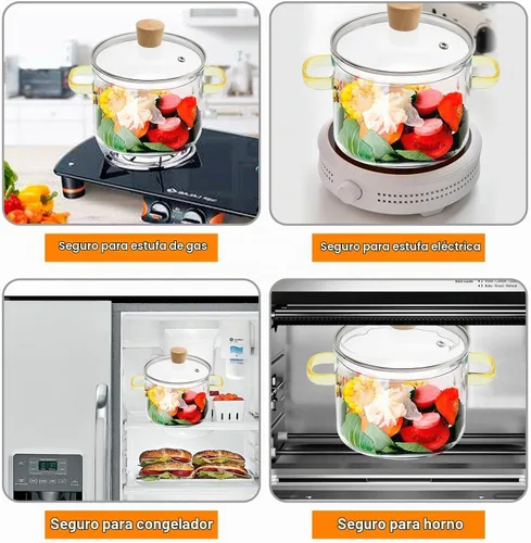 Vista 7 de Olla de cocina de vidrio transparente de 1.5L 2 litros con colador y tapa, resistente a la estufa con tapa, asas antiquemaduras, cacerola de vidrio