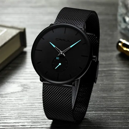 Vista 3 de CRRJU Reloj de cuarzo analógico delgado para hombre, reloj de pulsera con esfera negra con correa de malla