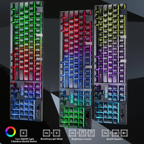 Vista 4 de CHONCHOW Combo de Teclado y Ratón Inalámbrico - 2.4G Recargable USB Arcoíris LED Retroiluminado Teclado Inalámbrico para Juegos, Teclas Multimedia