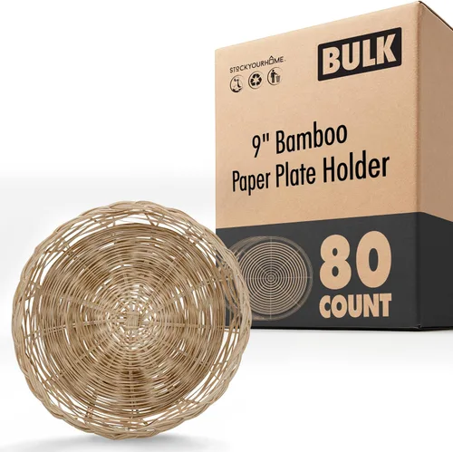 Vista 8 de Stock Your Home Soporte para platos de papel de bambú de 10 pulgadas (4 unidades) – Soportes de platos de papel reutilizables de mimbre resistente