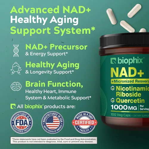 Vista 2 de biophix Suplemento liposomal NAD+ para mujeres y hombres, 1000 mg por porción, ribósido de nicotinamida, resveratrol micronizado y complejo
