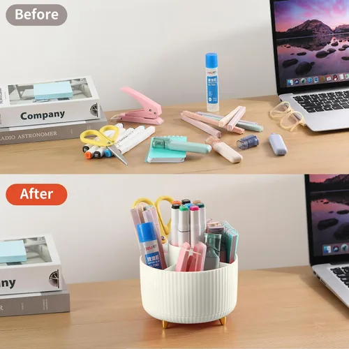 Vista 4 de Soporte para Lápices y Bolígrafos de Escritorio, Organizador Giratório de 5 Ranuras de 360° para Escritorio, Organizador de Suministros de Papelería