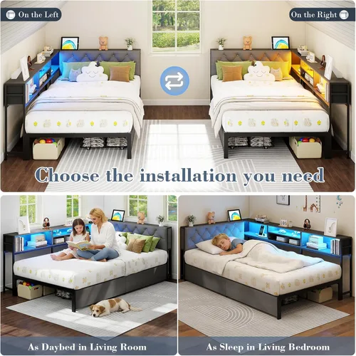 Vista 6 de Marco de cama de esquina tamaño twin con estante de almacenamiento y cabecero, cama de plataforma de esquina con luces LED y estación de carga, cama