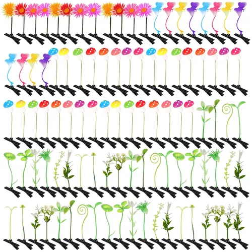 Vista 13 de Tigeen - 100 piezas de pinzas para el cabello con diseño de brotes de judías, divertidas horquillas de plantas, flores de césped, mariposas, hongos