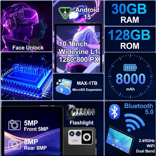 Vista 6 de Tablet Android 15 2025 con teclado Gemini AI, Tablets de electrónica de 30GB+128GB de ocho núcleos con pantalla IPS HD de 10 pulgadas, 8000mAh
