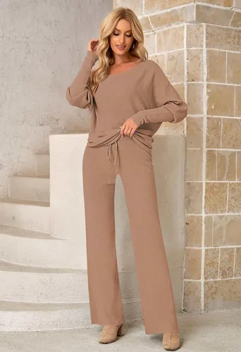 Vista 2 de Fixmatti Conjunto deportivo de 2 piezas para mujer, suéter de cuello alto, pantalón de pierna ancha