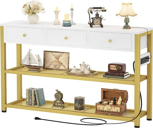 Vista 10 de Ecoprsio Mesa de Entrada con Tomacorrientes y Puertos USB, Mesa Consola con 2 Cajones, Mesa de Sofá Pequeña con Estantes de Almacenamiento para Sala