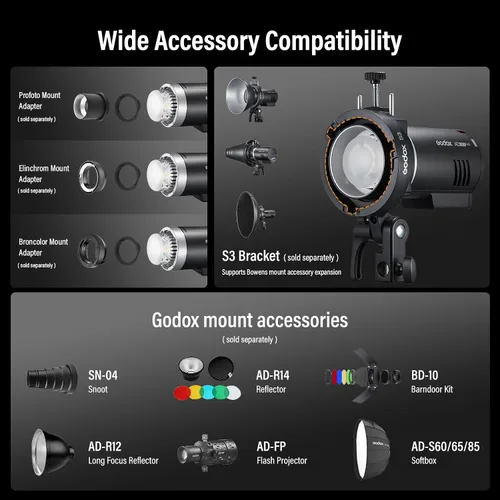 Vista 9 de GODOX AD300Pro II 300Ws Flash estroboscópico monolight, 2.4G TTL 1/8000 HSS 2.4G Flash inalámbrico TTL, 0.01-1.5s tiempo de reciclaje, 350 potencia
