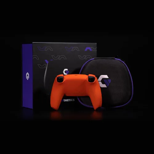 Vista 2 de Gamenetics Custom Blaze Orange Black Official Wireless Bluetooth Controller Compatible with PS5 Console - PC - Soft Touch - Un-Modded - Video
