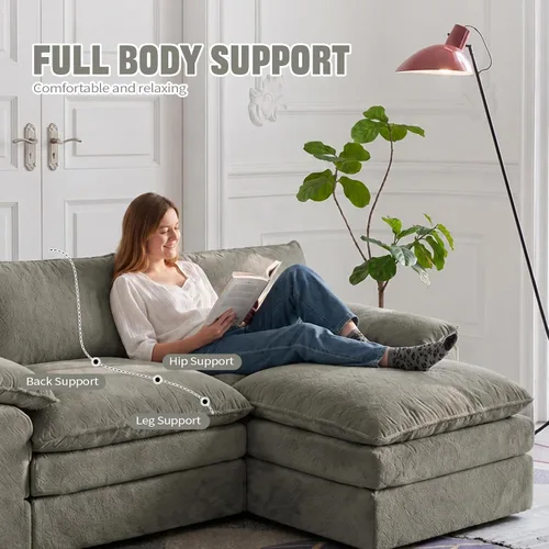 Vista 6 de Sofá modular en forma de nube de 118 pulgadas, con otomana móvil, sofá de asiento profundo de felpilla para sala de estar, sin montaje, gris