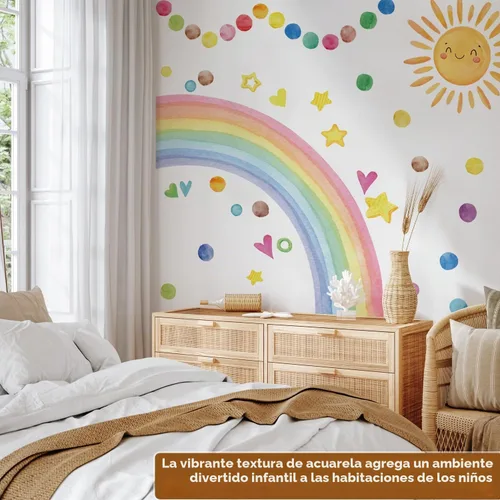 Vista 3 de Decoración grande para cuarto de bebé, sol sonriente y flor de color, calcomanía de pared para sala de juegos, aula y fiesta, acuarela Dreamscape