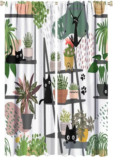 Vista 25 de Cortinas de estilo de mediados de siglo, diseño geométrico abstracto moderno, diseño retro, estampado de gato negro, para dormitorio, sala de estar