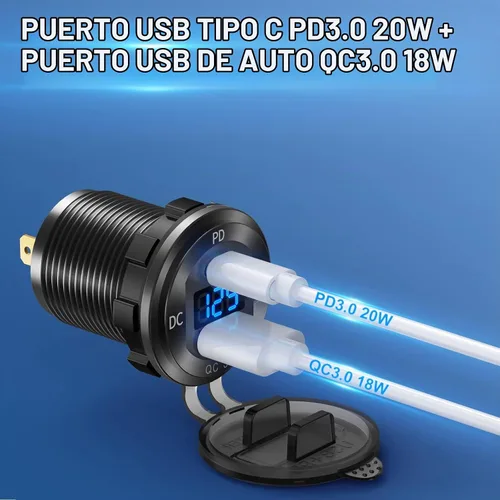 Vista 2 de Enchufe de cargador de automóvil de aluminio USB C de 12V, salida de 12 voltios, PD 20W y carga rápida 3.0 18W, puerto USB de automóvil impermeable