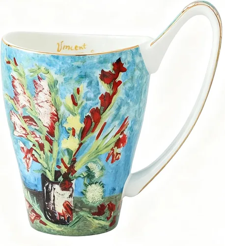 Vista 14 de Taza de café de porcelana de hueso YBK Tech, taza grande de 16oz de té - Diseño inspirado en las pinturas de Van Gogh (flor de albaricoque)