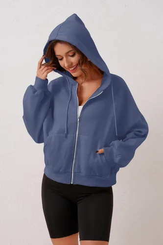 Vista 2 de MISSACTIVER Sudadera corta con capucha y cordón para mujer, de gran tamaño, con hombros caídos, forro polar, con bolsillo