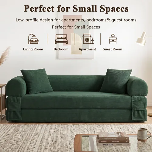 Vista 6 de Anwick Sofá cama convertible sin hueso de 80 pulgadas, sofá cama 3 en 1, tamaño Queen para sala de estar, estudio, apartamento, pana, espuma Verde