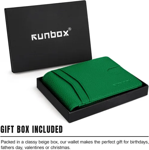 Vista 5 de RUNBOX Cartera para hombres Slim Rfid Leather 2 ID Window con caja de regalo, verde (New Litchi-Green), Minimalista