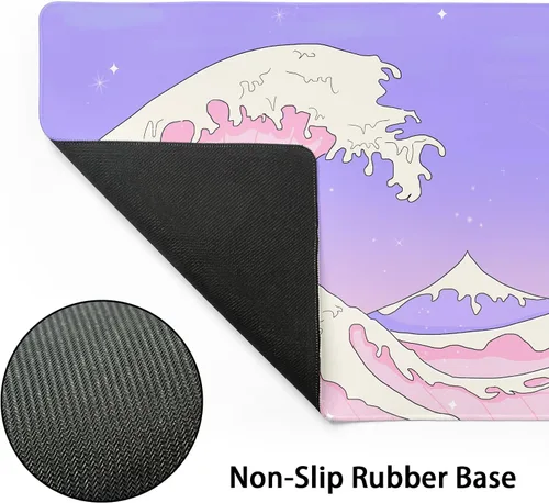 Vista 3 de Alfombrilla de mouse rosa y morada japonesa de anime Kawaii XL, linda estética de olas marinas, alfombrilla de escritorio grande extendida, base