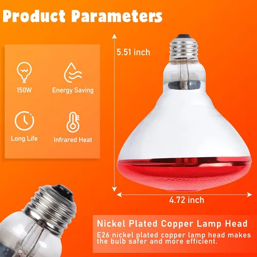 Vista 6 de LUCKY HERP Bombillas de lámpara de calor para pollos, lámpara de calor infrarroja de 150 W, 1 paquete, bombillas rojas para reptiles, mascotas