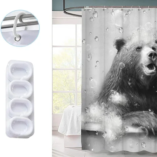 Vista 3 de KREATIVE ARTS Cortina de ducha con diseño de osos divertidos animales, decoración de bañera, casa de campo en blanco y negro, 72 pulgadas de ancho